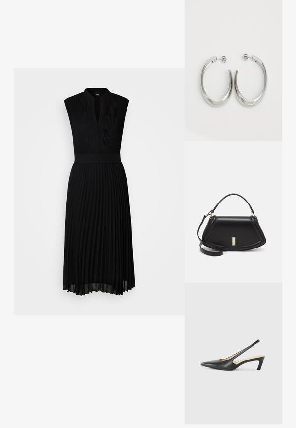 Musta laskostettu mekko, jossa on V-pääntie ja hihaton muotoilu. Sisältää vartalonmyötäisen vyötärön ja pehmeää, valuvaa kangasta. Elegantti ja yksinkertainen siluetti.; Musta, kärjeltään terävä slingback-kengä, jossa on matala korko. Kengässä on sileä nahkamateriaali ja sivuilla leikkaukset hengittävyyttä varten.; Mustalla nahkalaukulla, jossa on jämäkkä muotoilu, lyhyt malli, yläkahva ja kultaiset yksityiskohdat. Säädettävä olkahihna sisältyy.; Hope hopeista, joissa on sileä, kaareva muotoilu. Varustettu kiiltävällä metallipinnoitteella ja nappikiinnityksellä. Ei näkyviä kuvioita tai koristeluja.