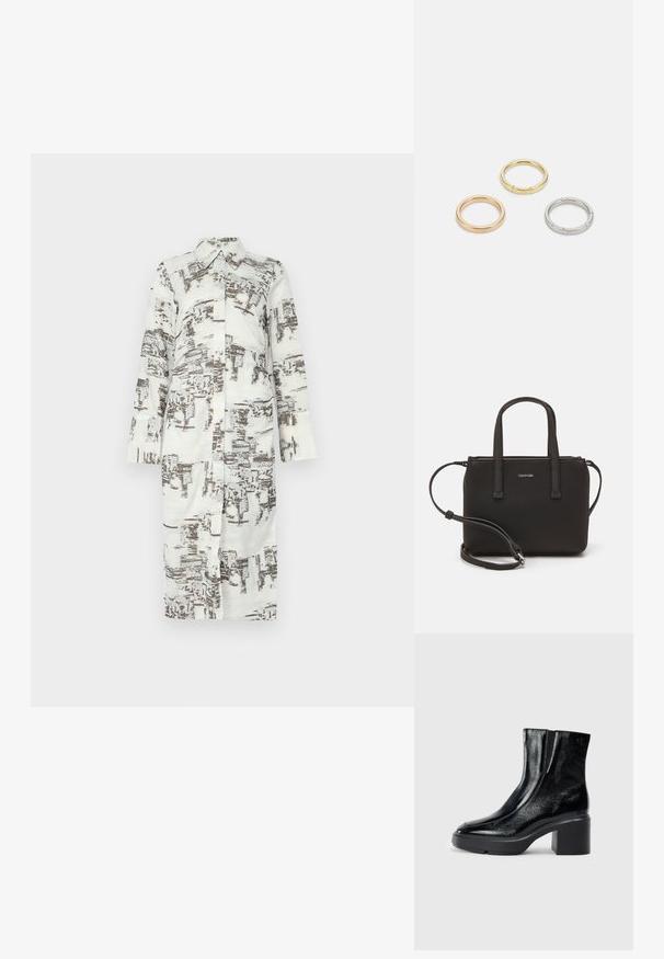 Lang skjortekjole, hvid med et brunt abstrakt mønster, krave og knaplukning foran. Lange ærmer med lige snit. Blødt, glat stof.; Sorte patenterede læderankelstøvler med en buet tå, elastiske sidepaneler og en kraftig blokhæl. Har et præget logo på bagsiden.; Sort håndtaske med to korte håndtag og en aftagelig skulderrem. Glat læderagtigt materiale med lynlåslukning og logo detaljer.; Tre metalringe: en i rosaguld, en guld med strukturerede detaljer og en i sølv, alle med indgraveret branding på den indre ring.