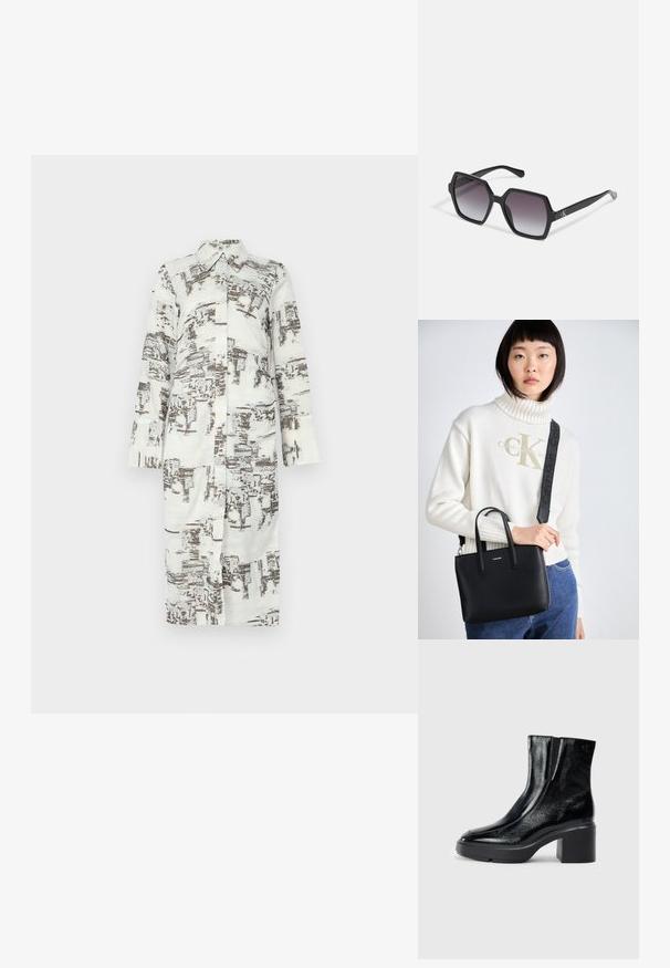 Ilga marškinių suknelė, balta su rudais abstrakčiais raštais, apykaklė ir priekinis mygtukų užsegimas. Ilgos tiesios rankovės. Minkšta, glotni medžiaga.; Juodi lakiniai auliniai batai iki kulkšnies, su išlenktu pirštu, elastinėmis šoninėmis panelėmis ir masyviu blokuotu kulnu. Apdailoje užpakalinėje dalyje įspaustas logotipas.; Juodos šešiakampės saulės akinių su gradientiniais lęšiais, turinčių blizgų paviršių ir subtilų prekės ženklą ant šventyklos. Patvari plastikinė konstrukcija.; Juodas odinis rankinukas su dviem viršutiniais rankenoms ir nuimamu peties diržu. Priekyje yra sidabrinė logo, o paviršius yra lygus.