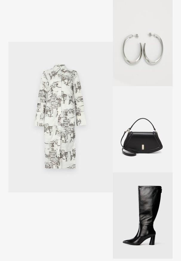 Garšs krekliņs, balts ar brūnu abstraktu rakstu, ar apkakli un priekšējo pogu aizdari. Garas piedurknes ar taisnu griezumu. Mīksta, gluda auduma.; Ceļgala augstumā melnas ādas zābaki ar saplacinātu purngalu, gludu tekstūru un masīlu papēdi. Aizmugurē ir rāvējslēdzēja detalizācija.; Melnas ādas roku soma ar struktūru, ar īsu formu, augšējo rokturi un zelta aksesuāriem. Iekļauta regulējama plecu siksna.; Sudraba riņķveida auskari ar gludu, izliekta dizaina formu. Iezīmējas ar spīdīgu metāla apdari un pievienojamu aizdari. Nav redzamu rakstu vai akcentu.