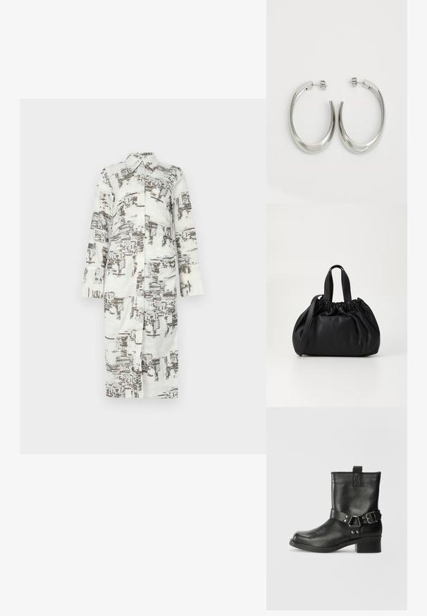 Dlouhé košilové šaty, bílé s hnědým abstraktním vzorem, límeček a zapínání na knoflíky vpředu. Dlouhé rukávy se rovnými střihy. Jemný, hladký materiál.; Samsøe Samsøe SABRENTA - Kovbojské/motorkářské kotníkové boty - black; Černá kožená kabelka s designem staženého vršku, která má dvě krátké ucha a dlouhý nastavitelný popruh. Hladký povrch, zaoblený tvar.; Stříbrné kruhové náušnice s hladkým, zakřiveným designem. Vyznačují se lesklým kovovým povrchem a zapínáním na patent. Žádné viditelné vzory nebo akcenty.