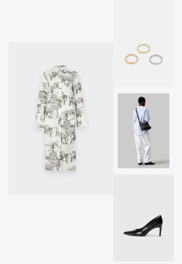 Garšs krekliņs, balts ar brūnu abstraktu rakstu, ar apkakli un priekšējo pogu aizdari. Garas piedurknes ar taisnu griezumu. Mīksta, gluda auduma.; Melnas ādas augstpapēžu kurpes ar norādītu purngali, gludu tekstūru un šauru papēdi. Minimālistisks dizains, bez papildu rotājumiem.; Melna ādas plecu soma ar mīkstu tekstūru, trīsstūra formu un regulējamu siksnu, apvienota ar gaiši zilu svītrotu krekli un baltām biksēm.; Trīs metāla gredzeni: viens rozā zeltā, viens zeltā ar teksturētiem akcentiem un viens sudraba, visiem ar iegravētām zīmola atzīmēm iekšējā joslā.