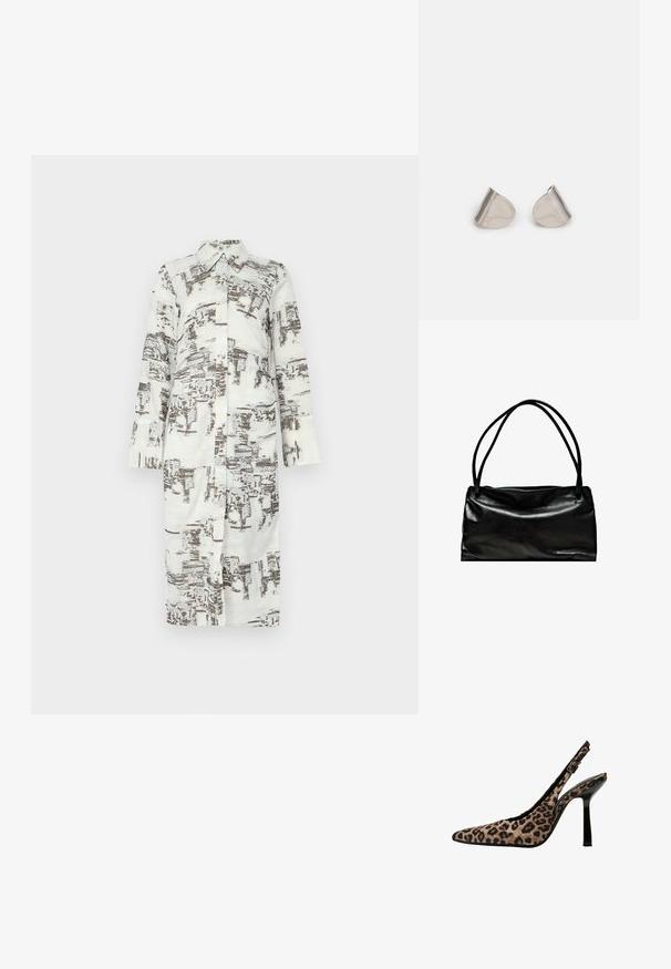 Abito camicia lungo, bianco con un motivo astratto marrone, colletto e chiusura frontale con bottoni. Maniche lunghe con taglio dritto. Tessuto morbido e liscio.; Décolleté con stampa leopardata, punta affusolata, dettagli in vernice nera, tacco alto sottile e cinturino regolabile. Materiale sintetico.; Borsa nera in pelle con una superficie liscia, forma rettangolare e due manici lunghi. Design semplice senza hardware o decorazioni visibili.; Orecchini in metallo argentato con forma a goccia liscia e finitura lucida. Incisioni sottili aggiungono dettagli. Design minimalista.