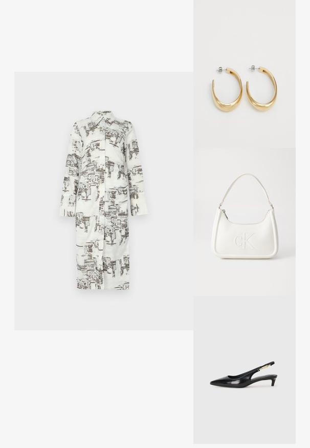 Pikk kleit, valge, pruunide abstraktsete mustritega, krae ja esipaneeli nupuga sulgemine. Pikad varrukad, otse lõikega. Pehme, sile kangas.; Mustad nahast slingback kontsad terava ninaga, millel on õhuke konts ja kuldse tooni aktsent reguleeritaval rihmal. Sile tekstuur.; Valge nahast käekott, millel on kumer kuju, esiküljel on reljeefne "CK" logo ja üks õlavarre rihm. Ülemine tõmblukkuu.; Kuldse tooniga kõrvarõngad, millel on sile ja kaarjas disain. Valmistatud metallist, omavad nad stiilset viimistlust ja kinnitust tagaküljelt.