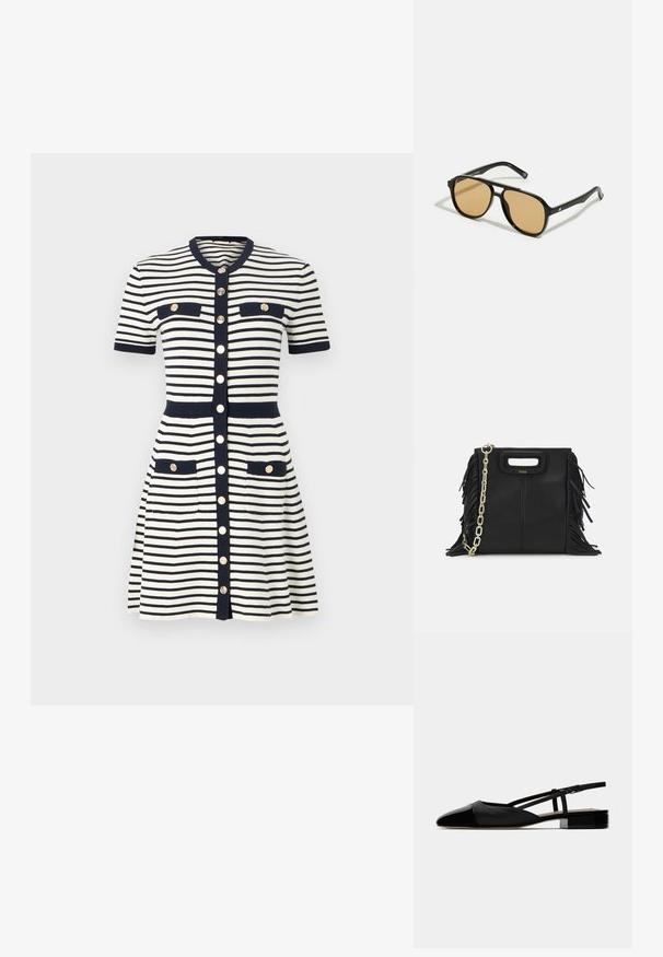 Maje RIROLLS - Abito in maglia - marine/ecru; Ballerine slingback in pelle nera con punta a punta, vampiro chiuso e cinturino alla caviglia regolabile. Presentano un tacco quadrato basso. Texture liscia.; Occhiali da sole neri con lenti a sfumatura marrone; forma rettangolare con una montatura spessa, inclusi sottili dettagli metallici sulle astine.; Borsa a tracolla in pelle nera con dettagli a frangia, catena dorata e manico ritagliato. Presenta il logo sulla parte anteriore.