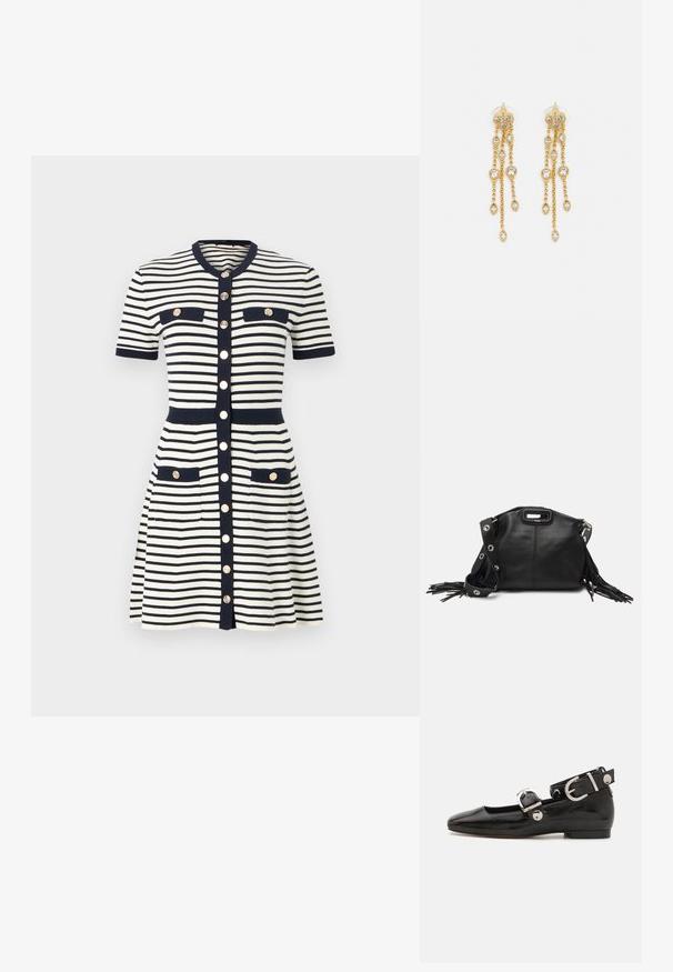Maje RIROLLS - Haljina s naramenicama - marine/ecru; Crne lakirane balerinke sa četvrtastim vrhom, remenom oko zapešća sa srebrnim detaljima i ravnim đonom. Glatka tekstura s minimalističkim dizajnom.; Maje MISS MINI - Torba preko tijela - noir; Zlatne naušnice s višestrukim kaskadnim lancima, s prozirnim ovalnim cirkonima i dekorativnim šiljcima na vrhu.
