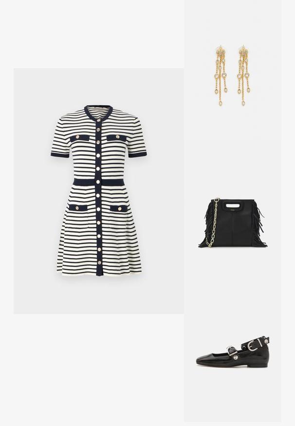 Maje RIROLLS - Abito in maglia - marine/ecru; Scarpa flat in vernice nera con punta quadrata, cinturino alla caviglia con hardware in argento e suola piatta. Texture liscia con design minimalista.; Borsa a tracolla in pelle nera con dettagli a frangia, catena dorata e manico ritagliato. Presenta il logo sulla parte anteriore.; Orecchini dorati con molteplici catene a cascata, dotati di accenti in strass ovali trasparenti e parte superiore decorativa a perno.