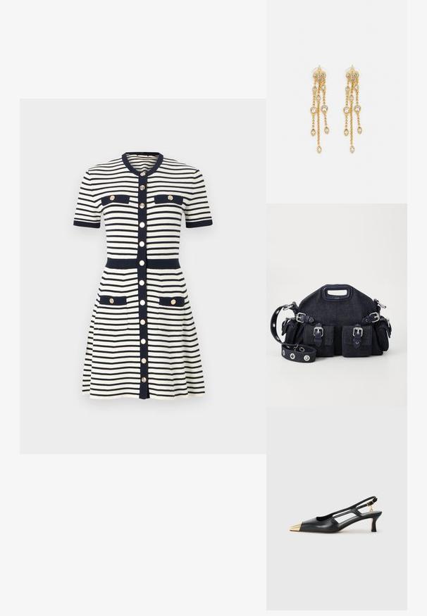 Maje RIROLLS - Neulemekko - marine/ecru; Mustat nahkaiset slingback-kengät, joissa on terävä kärki ja kultainen metallikärki. Ominaisuuksiin kuuluu leikattu muotoilu ja hoikka korko, joka on säädettävällä hihnalla.; Tummansininen denimitasku, jossa on pyöreä muoto, useita ulkopusseja, säädettävä olkahihna ja hopeanvärisiä yksityiskohtia. Ylhäällä on myös kantokahva.; Kultaketjua roikkuvat korvakorut, joissa on useita putoavia ketjuja, ja selkeitä ovaaleja rhinestone-akselteja sekä koristeelliset niittitoppaukset.