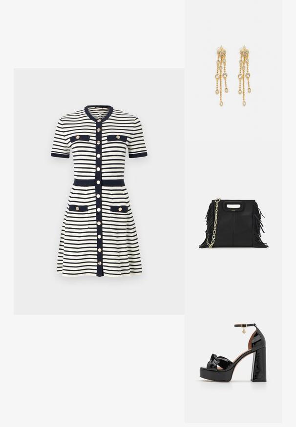 Maje RIROLLS granatowy; Maje - Sandały na obcasie; Czarna skórzana torebka na ramię z frędzlami, złotym łańcuszkiem oraz wyciętym uchwytem. Posiada umieszczone na przodzie logo.; Złote kolczyki z wieloma kaskadowymi łańcuszkami, z przezroczystymi owalnymi akcentami z rhinestone'ów oraz ozdobnymi sztyftami.