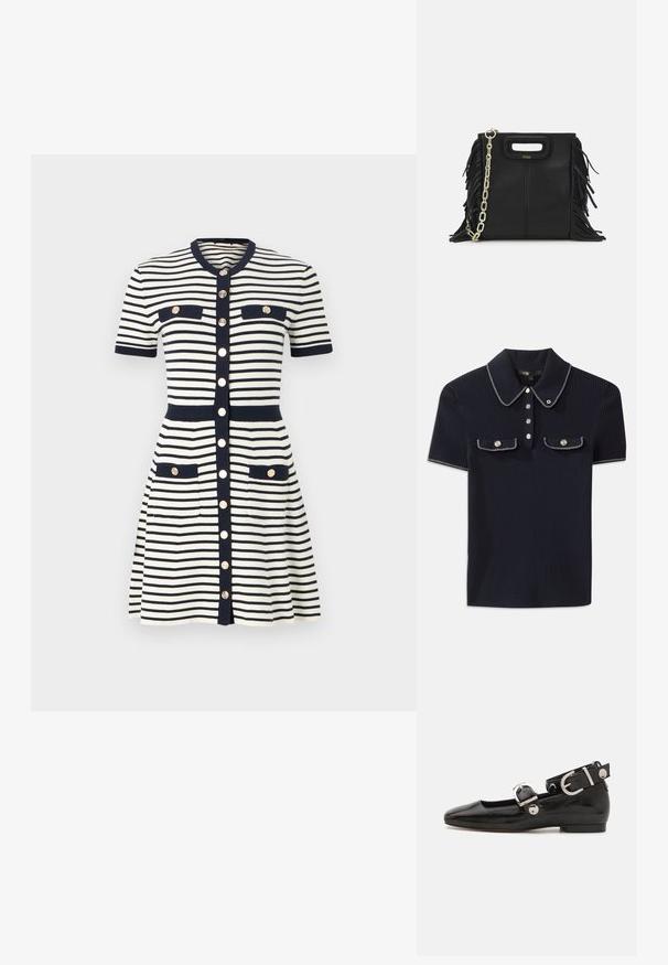 Maje RIROLLS - Džemperkleita - marine/ecru; Jūras spēku ribots polo krekls ar norādītu apkakli, īsām piedurknēm un divām priekšējām kabatām ar pogām; uzsvērts ar baltām šuvēm.; Melnas laika patenta ādas dzīvokļu kurpes ar kvadrātu purngalu, potītes siksna ar sudraba furnitūru un platu zoli. Gluda tekstūra ar minimālu dizainu.; Melna ādas rokassoma ar frizūras detaļām, zelta ķēdes plecu siksnu un izgrieztu rokturi. Ir logotipa novietojums priekšpusē.