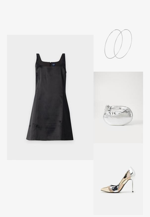 Robe noire sans manches en tissu lisse avec un décolleté carré et fermeture éclair au dos ; présente un corsage ajusté et une jupe évasée.; Chaussure à talon aiguille à bout pointu avec un schema de couleurs argent, or et nude. Fini brillant avec un design découpé, dotée d'un talon stiletto.; Pochette en métal argenté avec une forme douce et arrondie et un fermoir en haut noué. Fabriquée en simili cuir lisse.; Boucles d'oreilles en argent au design minimaliste. Forme circulaire, texture lisse et profil fin. Légères avec une finition polie.