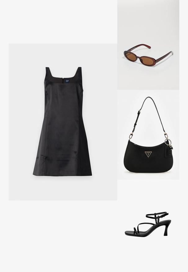 Mouwloze zwarte jurk van gladde stof met een vierkante halslijn en een rits aan de achterkant; beschikt over een aansluitend lijfje en een uitlopende rok.; Zwarte leren sandaaltjes met hak, voorzien van dunne bandjes, een vierkante teen en een stilettohak. Verstelbare enkelband voor de juiste pasvorm. Glad textuur.; Ronde, bruin getinte zonnebril met een glanzend bordeauxrood frame. Slanke pootjes met subtiele merkdetails. Vlakke lensontwerp.; Zwarte synthetische schoudertas met een gebogen silhouet, textuurafwerking, gouden driehoeklogo en afneembare hardwareaccenten.