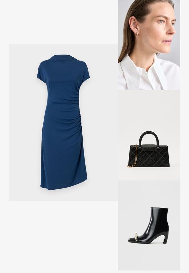 Tumesinine kleit lühikeste varrukatega, külje rüsitud detail, pehme kangas, mugav lõige ja põlvepikkune disain.; Must musta, läikiva nahast, terava varbaga ja dekoratiivse kullast ja hõbedast aktsendiga esiosas. Blokeeritud kontsa disain.; Musthave mustrip, mis tekstureeritud nahast, millel on tehe kumerusmuster, kuldse tooniga ahelrihm ja ülemine käepide, millel on logo reljeefne klapp.; Kuldne tõmbekõrvarõngas väikese dekoratiivse sädeleva kivi aktsendiga. Kandnud otsejuuksega mudel, kes on kokku pandud valge kraega särkiga.