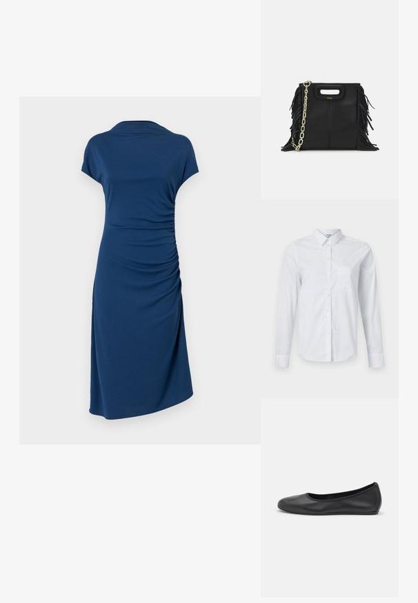 Tamsiai mėlyna suknelė su trumpomis rankovėmis, šoniniu raukiniu, minkšta medžiaga, laisvas siluetas ir iki kelių ilgio dizainas.; Balta ilgomis rankovėmis marška, pagaminta iš medvilnės. Su mygtukų užtrauktuku priekyje, smailiu apykakle ir krūtine kišene kairėje pusėje.; Juodai odiniai baletai su apvaliu pirštu, lygi texture, minimalus siuvimo detales ir lanksčiu padų dizainu.; Juodas odinis rankų darbo rankinys su frinzuotomis detalėmis, auksine grandinės petneša ir išpjauto dizaino rankena. Pirmoje pusėje yra logotipo vieta.