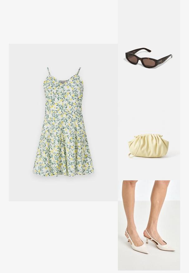 Blomsterkjole med gult og grønt bladmønster på hvit bakgrunn. Har tynne stropper, V-hals og en utsvingt skjørt. Lett materiale.; Beige patent lærstøvletter med spidse tå og 5 cm hæl, med udskårne sider og en tynd ankelrem.; Brune skilpadde solbriller med rektangulær form, mørkebrune glass og gull "vogue" merkevare på stengene.; Gulvv Firkantet håndveske laget av glatt faux lær, med en myk form, en enkel skulderstropp og samlet toppdesign.; Perle- og krystalkjede med et rundt, perleformet design i lyse nyanser, med vekslende perler og glitrende detaljer, båret rundt halsen.