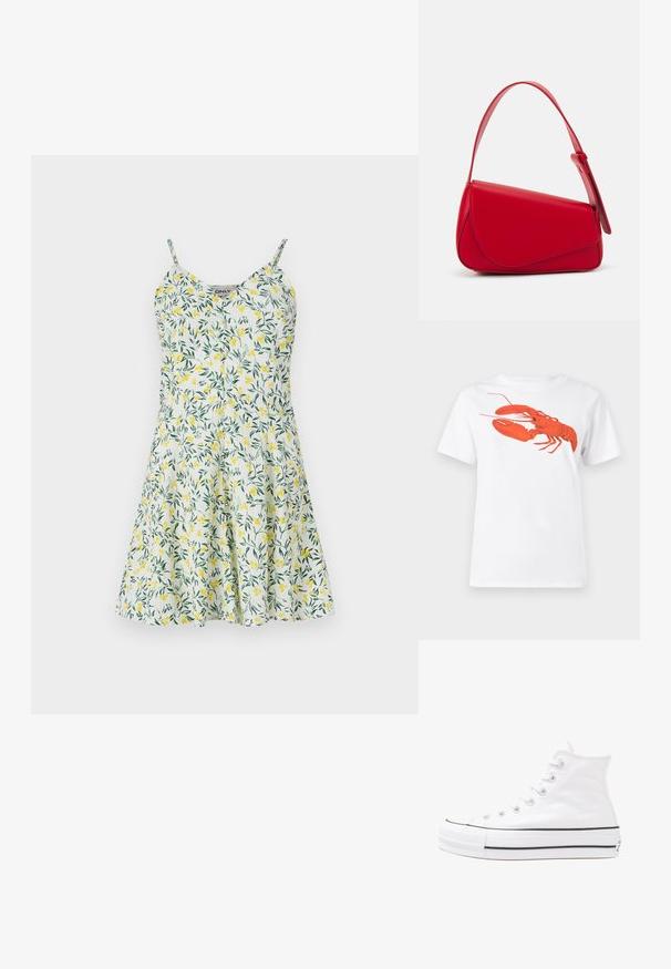 Virágmintás ruha sárga és zöld levél mintával, fehér háttéren. Vékony pántokkal, V-kivágással és bővülő szoknyával rendelkezik. Könnyű anyagból készült.; Fehér pamut póló, amelyen elöl egy nagy, élénkpiros homár grafika látható. Rövid ujjú és standard környakú kialakítás.; Fehér magaskorsó vászon sportcipő fekete gumi talppal, elülső gumi orrnyereggel és hat fűzőlyukkal, letisztult, minimalista dizájnnal.; Piros bőr kézitáska szögletes, geometrikus kialakítással. Egy állítható pánttal és varrott részletekkel ellátott fedélzárral rendelkezik.