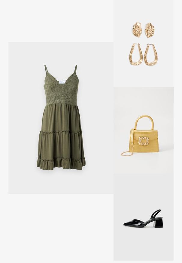 Olivno zelena obleka z čipkastimi detajli na korpus, nastavljivimi naramnicami in volančastim, večplastnim robom iz lahkotnega materiala.; Črne lakirane slingback pete s koničastim nosom in geometrijsko blokasto peto. Imajo eleganten, minimalističen dizajn in gladko teksturo.; Rumeno usnjeno-usnje z vzorcem krokodila, s strukturiranim dizajnom, zgornjo ročajem, snemljivo verižico in dekorativnim kristalnim okrasjem na zaponki.; Zlato obarvani uhani z teksturiranimi, valovitimi oblikami. Vključujejo skulpturalne sponke za ušesa in odprto obliko obročka s kladivastim finišem.