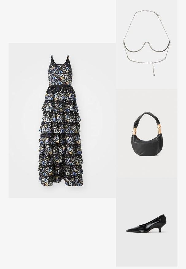 Ziedu maxi kleita ar melnu auduma pamatni, slāņainām volāniem un pieguļošu augšdaļu ar regulējamām siksnām, piedāvājot krāsainus ziedu motīvus.; Melna ādas kurpe ar izteikto purngalu, zemu papēdi, elegantu dizainu un gludu tekstūru. Iespējama vilkšana ar rokām, bez redzamām detaļām.; Melnas ādas rokassoma ar apaļu formu, mīkstu tekstūru un mezgla rokturi, kas rotāts ar zelta tonētiem aksesuāriem. Ar rāvējslēdzēja aizdari.; Cult Gaia ASHA BODY JEWELRY - Citi aksesuāri - bright shiny silver-coloured