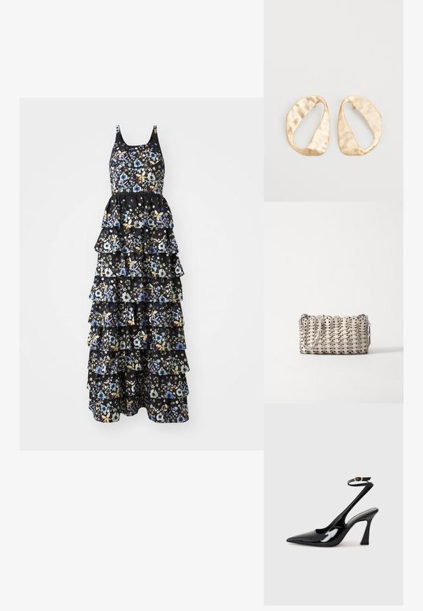 Maxikleid mit floralem Muster, bestehend aus einem schwarzen Stoffgrund, geschichteten Rüschen und einem taillierten Oberteil mit verstellbaren Trägern, das farbenfrohe Blumenmuster präsentiert.; Schwarze Lackleder-Slingbacks mit spitz zulaufender Zehenpartie, verstellbarem Knöchelriemen und moderatem Blockabsatz. Glatte Textur mit glänzender Oberfläche.; Rabanne BAG - Handtasche - cream/silver; Ein Paar unregelmäßige, oval geformte Ohrringe aus goldfarbenem Metall mit einer strukturierten, leicht gehämmerten Oberfläche auf weißem Hintergrund.