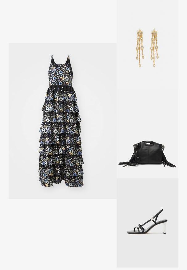 Vestido maxi floral con una base de tela negra, volantes en capas y un corsé ajustado con tirantes ajustables, que muestra coloridos patrones florales.; Sandalias negras de tacón alto con múltiples correas estrechas, diseño slingback y un acento plateado en el tacón. Material superior liso y tacón cuadrado.; Maje MISS MINI - Bandolera - noir; Pendientes en tono dorado con múltiples cadenas en cascada, que cuentan con acentos de strass ovalados claros y parte superior decorativa de tachuelas.