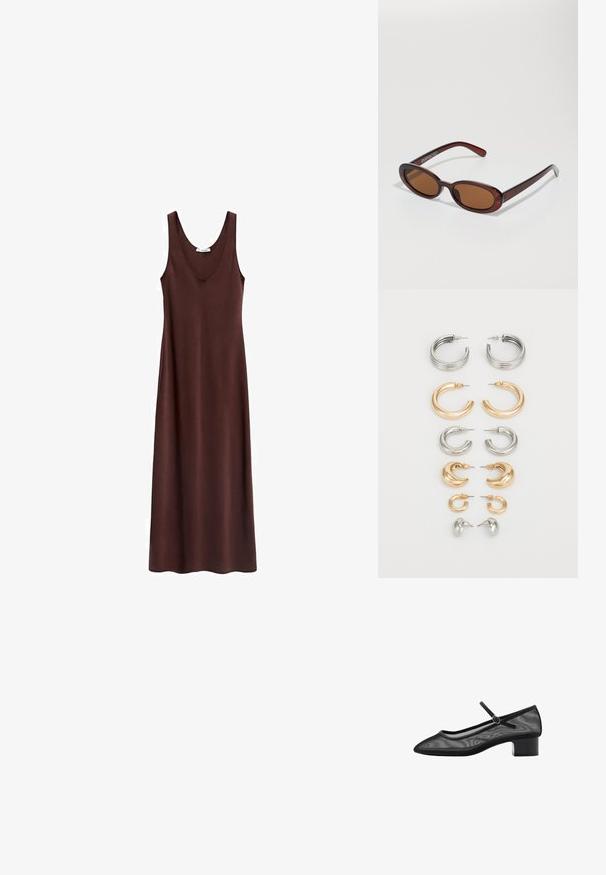 Brun ärmlös maxiklänning med en rundad halsringning, slät textur och rak skärning, designad för en avslappnad passform.; Svart nätpump med spetsig tå, liten blockklack och ett remdetalj runt vristen. Har en mjuk textur och minimalistisk design.; Runda, bruntonade solglasögon med en glansig bordeauxfärgad ram. Smala bågar med subtilt varumärkesdetalj. Platt linsdesign.; Set med åtta metallörhängen i silver- och guldtoner. Inkluderar olika stilar av hoops, texturer och ytor, ordnade efter storlek.