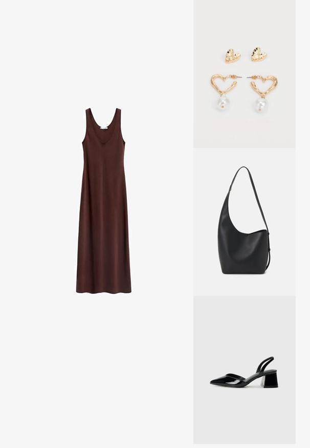 Bruine mouwloze maxi-jurk met een ronde halslijn, een gladde textuur en een rechte snit, ontworpen voor een comfortabele pasvorm.; Zwarte gepatineerde leren slingback hakken met een spitse neus en een geometrische blokhak. Kenmerkt zich door een slank, minimalistisch ontwerp en een gladde textuur.; Zwarte leren hobo tas met een gladde textuur, kromme vorm en een enkele verstelbare schouderband; heeft een brede opening aan de bovenkant.; Goudkleurige, hartvormige oorbellen met een gestructureerde afwerking, voorzien van een hangende parelaccent. Inclusief bijpassende hartvormige studs.