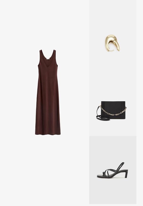Abito maxi senza maniche marrone con scollo rotondo, texture liscia e taglio dritto, progettato per una vestibilità rilassata.; Sandalo nero con cinturini, dalla punta squadrata e tacco basso a blocco. Presenta diversi cinturini sottili e una cinturini regolabile alla caviglia. Realizzato in pelle liscia.; Borsa a tracolla nera in pelle con una texture liscia, forma rettangolare e dettaglio in catena metallica sul davanti. Inclusa una tracolla regolabile.; Orecchino in metallo color oro con un design elegante e curvo. Presenta una forma appuntita distintiva, superficie lucida e chiusura a cerniera.