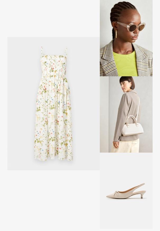 Vestido maxi floral com base branca e flores multicoloridas, corpete franzido, alças finas ajustáveis e saia fluida.; Sapatos de salto slingback em pele sintética bege com bico afinado e um laço decorativo na parte frontal. Inclui um salto baixo e esguio e uma textura suave.; Óculos de sol estilo cat-eye claros com lentes castanhas e armação transparente. Modelo a usar uma blusa verde com nervuras e um blazer de tecido xadrez. Brincos em forma de argola dourados.; Bolsa estruturada branca com alças curtas e uma alça de ombro, com detalhes em hardware dourado e material texturizado, exibida contra um fundo cinza.
