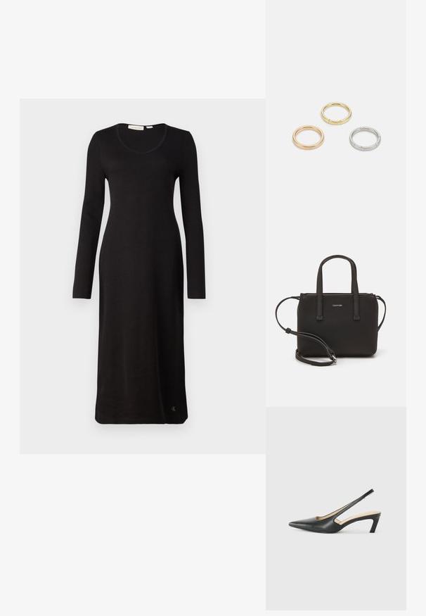 Črna rebrasta obleka z dolgimi rokavi in širokim izrezom, ravnega kroja, z detajlom logotipa na robu. Narejena iz mehkega, strukturnega materiala.; Črne čevlje s koničastimi nosovi in slingback obliko z nizko peto, izdelane iz gladke usnjene materiale ter s črtasto zasnovo na strani za prezračevanje.; Črna torbica z dvema kratkima ročajema in odstranljivim naramnim trakom. Gladek usnju podoben material z zadrgo in podrobnostmi z logotipom.; Trije kovinski prstani: eden rožnato zlati, eden zlat z teksturiranimi detajli in eden srebrn, vsi z vgraviranim logotipom na notranji strani.
