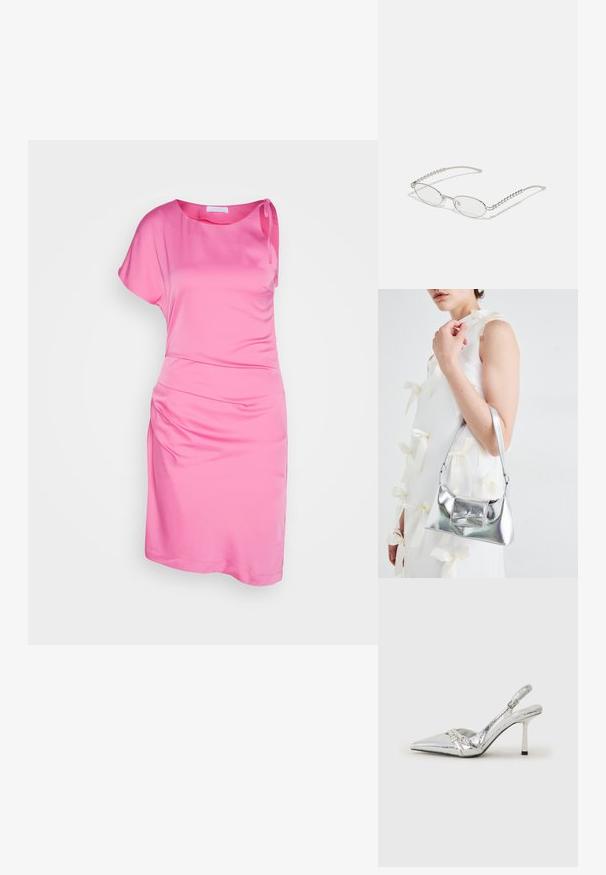 Vaaleanpunainen olkaimeton mekko, joka on valmistettu sileästä kankaasta. Mekossa on kerrottu sivusauma ja rento istuvuus. Lyhyet hihat ja polveen ulottuva leikkaus.; Hopeakylkinen korkokenkä, jossa on terävä kärki, metallinhohtoinen viimeistely, kaksi koristeellista nauhaa ja hoikka korko mustalla kärjellä.; Silmät ovalit metalliväriset hopeakehyksiset, kirkkailla linsseillä ja tekstuurilla varustetuilla helmille. Kevyt muotoilu kaarevilla varsilla.; Harmaa metallinhohtoinen käsilaukku, jossa on jämäkkä muotoilu. Laukussa on yläkahva ja etuosassa kauniisti koristeena solmukkeen yksityiskohta. Pinnassa on sileä tekstuuri ja heijastava viimeistely.