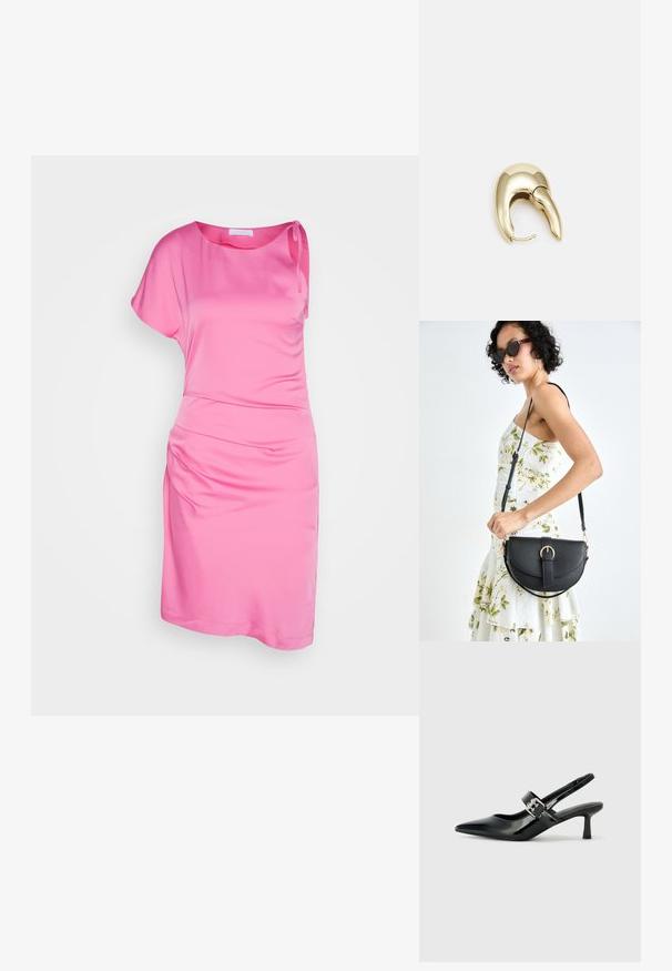 Rosa en-skulder kjole laget av glatt stoff, med en samlet sidet detalj og avslappet passform. Korte ermer og knelinje.; Svarte patent lær slingback hæler med spiss tå og en liten blokkheel, med en sølvspenne som detalj på stroppen.; Svart lærveske med en buet form, avtagbar stropp og gullbeslag. Vesken har et klaff med spenne-detall.; Gullfarget metalløredobber med et elegant, buet design. Har en karakteristisk spiss form, polert overflate og hengsel-lukking.