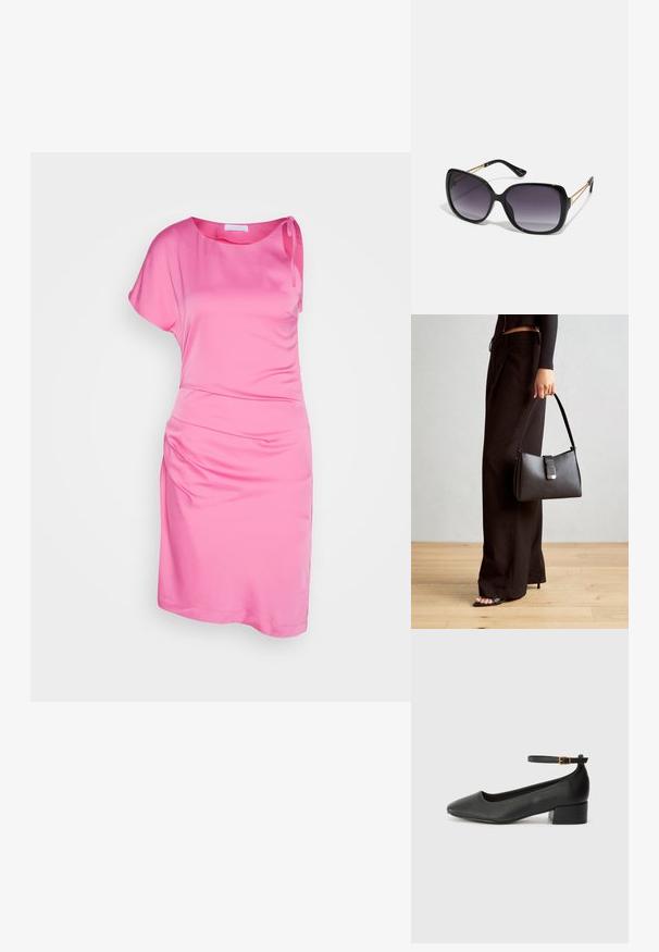 Rozā vienplecu kleita, izgatavota no gludas auduma, ar savilktu sānu detaļu un brīvu piegriezumu. Īsas piedurknes un ceļa garuma griezums.; Melnas ādas sūkņi ar smailu purngalu un zemu bloku papēdi. Iezīmēts ar potītes siksniņu ar zelta krāsas sprādzi. Gluda tekstūra.; Melni pārmērīgi lieli saulesbrilles ar gradāciju lēcām, biezām rāmja malām un zeltainas krāsas ķēžu detaļām uz tempļiem.; Melnā somiņa ar strukturētu formu, gludu tekstūru un metālu sprādzi. Saskaņota ar platām melnām biksēm un sandālēm ar atvērtu purngalu uz koka grīdas.