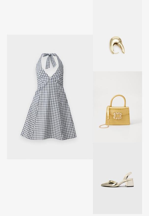 Navy a biely károvaný halterneck šaty s hlbokým V dekoltom a viazaním na chrbte. Sukňa s rozšíreným strihom, priliehavý korzet a detailmi skladania.; Zlaté kovové lodičky na podpätku so špicatou špičkou a robustným podpätkom. Hladký povrch, minimalistický dizajn a úzka remienok.; Žltá falošná krokodília kabelka so štruktúrovaným dizajnom, horným držadlom, odnímateľným reťazovým popruhom a dekoratívnym kryštálovým ozdobením na zapínaní.; Náušnice z kovu v zlatej farbe s elegantným, zakriveným dizajnom. Majú charakteristický špicatý tvar, leštený povrch a uzáver na pánt.