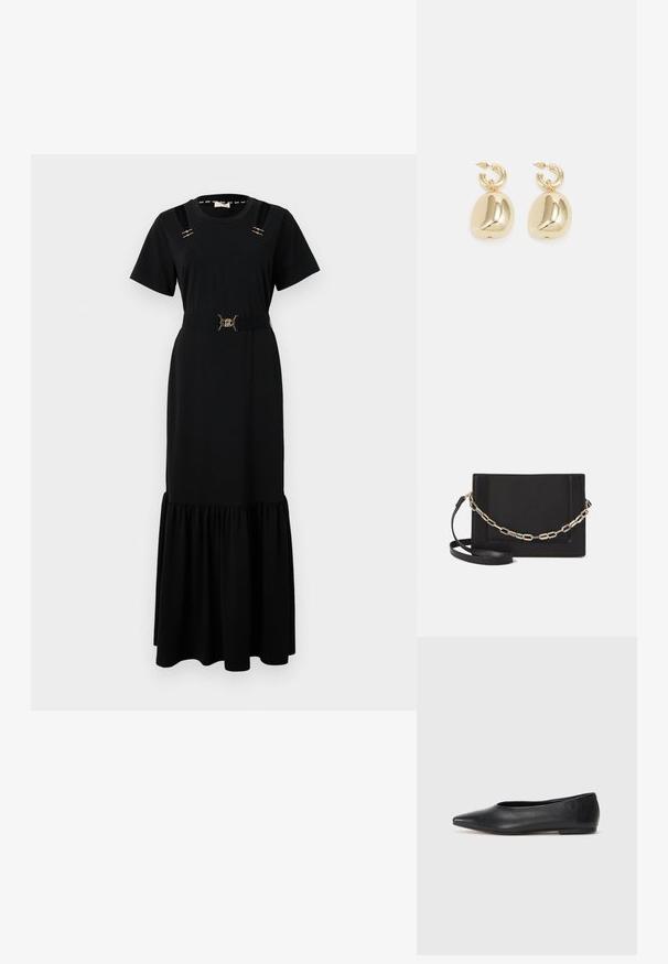 Mustat maxi-mekko pehmeästä kankaasta, jossa on muotoiltu vartalo-osa, lyhyet hihat, V-pääntie, kultaiset yksityiskohdat ja levenevä röyhelöhelma.; Musta nahkainen ballerinatyyppinen kenkä, terävä kärki, minimalinen muotoilu, sileä pinta, matala korko, ei näkyvää metalliosaa tai koristeita.; Musta nahkainen olkalaukku, jossa on sileä pinta, suorakulmainen muoto ja metalliketju yksityiskohtana edessä. Mukana säädettävä hihna.; Kultaiset rengaskorvakorut, joissa on sileät, pyöristetyt ripustukset, joilla on heijastava pinta ja jotka roikkuvat teksturoidusta rengasliitoksesta.