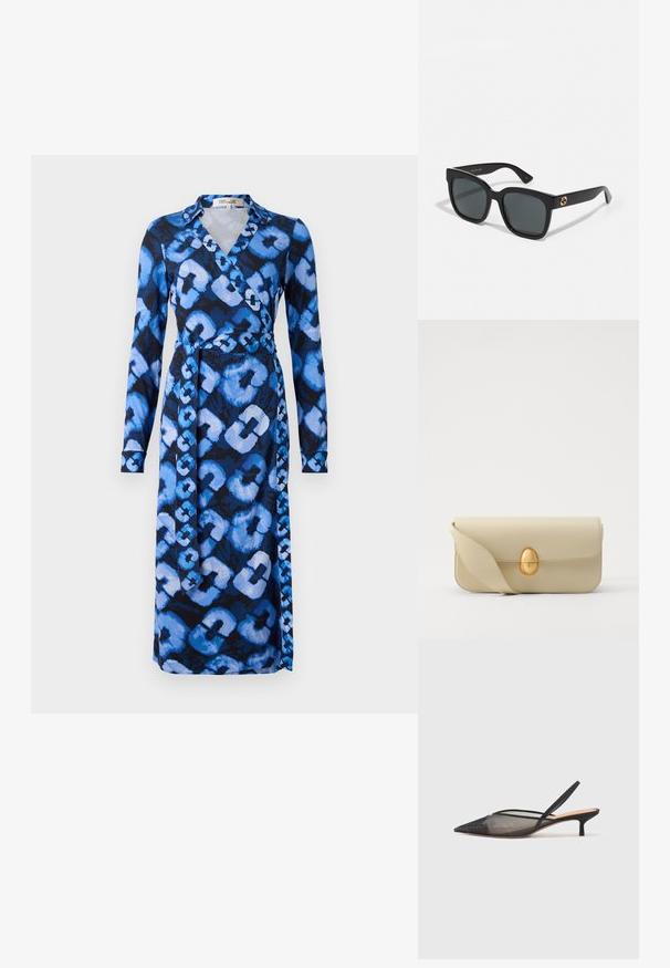 Dlouhý rukáv, zavinovací šaty v modré a černé barvě, s abstraktním vzorem světle a tmavě modrých tvarů. Měkká látka a design s výstřihem do V.; NEOUS IRENA - Klasické lodičky - black; Černé sluneční brýle s obdélníkovými skly, s lesklým povrchem a zlatými logovými akcenty na nožkách. Temně šedá skla poskytují UV ochranu.; Krémová kožená kabelka s hladkým povrchem, obdélníkovým tvarem a zlatým oválným uzávěrem. Disponuje dlouhým, nastavitelným popruhem.