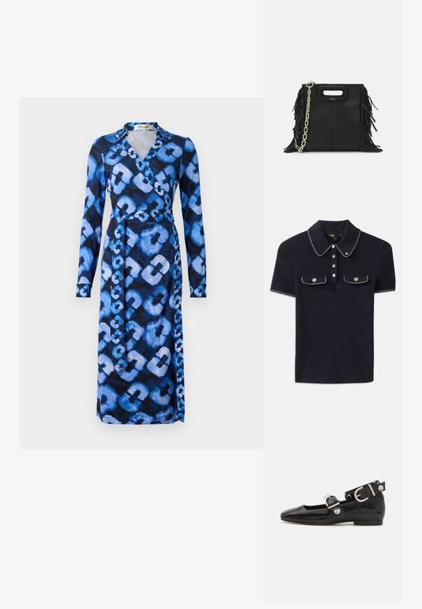 Haljina s dugim rukavima i omčastim izrezom u plavoj i crnoj boji, s apstraktnim uzorkom svijetlih i tamnih plavih oblika. Mekana tkanina i dizajn s v-izrezom.; Mornarska polo majica s rebrastim uzorkom, koja sadrži uspravni ovratnik, kratke rukave i dva prednja džepa s dugmadi na pritisak; istaknuta bijelim šavovima.; Crne lakirane balerinke sa četvrtastim vrhom, remenom oko zapešća sa srebrnim detaljima i ravnim đonom. Glatka tekstura s minimalističkim dizajnom.; Crna kožna torba s resicama, zlatnim lančićem za rame i rukohvatom u obliku izreza. Sadrži logo na prednjoj strani.