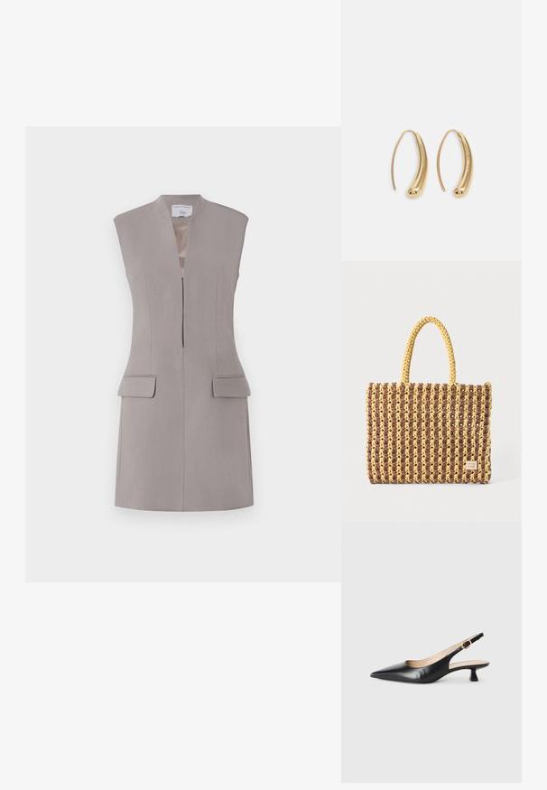 Tiger of Sweden DELLA - Vapaa-ajan mekko - mole; Mustekalla mokkanahkalenkkari, jossa on terävä kärki ja kultasolki sivuhihnassa, valkoisella taustalla.; Kudotasku ruskeana ja keltaisena, jossa on suorakulmainen muoto, kaksi kantohihnaa ja teksturoitu pinta, jossa näkyvät ompeleet ja brändilappu.; Korvakorut kultasävytteistä metallista, joissa on kaareva, pitkänomainen muoto. Ominaisuuksiin kuuluu sileä, kiiltävä pinta ja pyöreä kärki lisäyksinä.