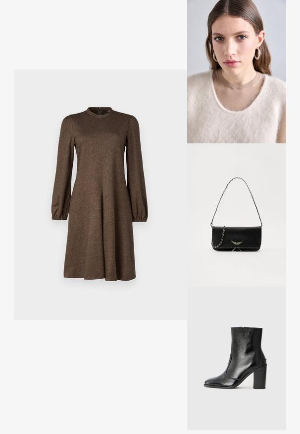 Brown, herringbone patterned dress with long, puffed sleeves, high neckline, and flared skirt; zipper closure at the back.; Black leather ankle boot with a smooth texture, pointed toe, and a chunky high heel. Features a side opening and minimalistic design.; Black leather handbag with a silver chain strap, featuring decorative wing accents and white stitching along the bottom seam.; Light beige knit sweater with a fuzzy texture and wide neckline, layered over a fitted brown shirt. The model wears silver hoop earrings.