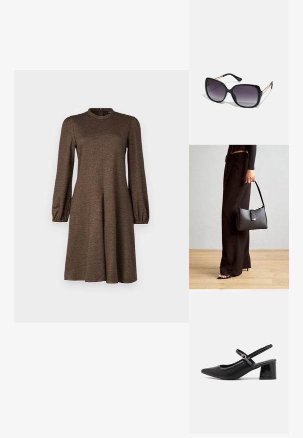 Brun, kjole med fiskebensmønster, lange puffede ermer, høy hals og utsvingt skjørt; glidelås bak.; Sorte lakk lær slingback hæler med spiss tå, et avrundet utskjæringsdesign og blokkheel. Har en gulltone spenne som detalj.; Sorte oversized solbriller med gradient linser, tykke rammer og detaljering med gulltonekjede på tempelarmene.; Svart håndveske med strukturert form, jevn tekstur og metallisk lås. Kombinert med brede svarte bukser og sandaler med åpen tå på tregulv.