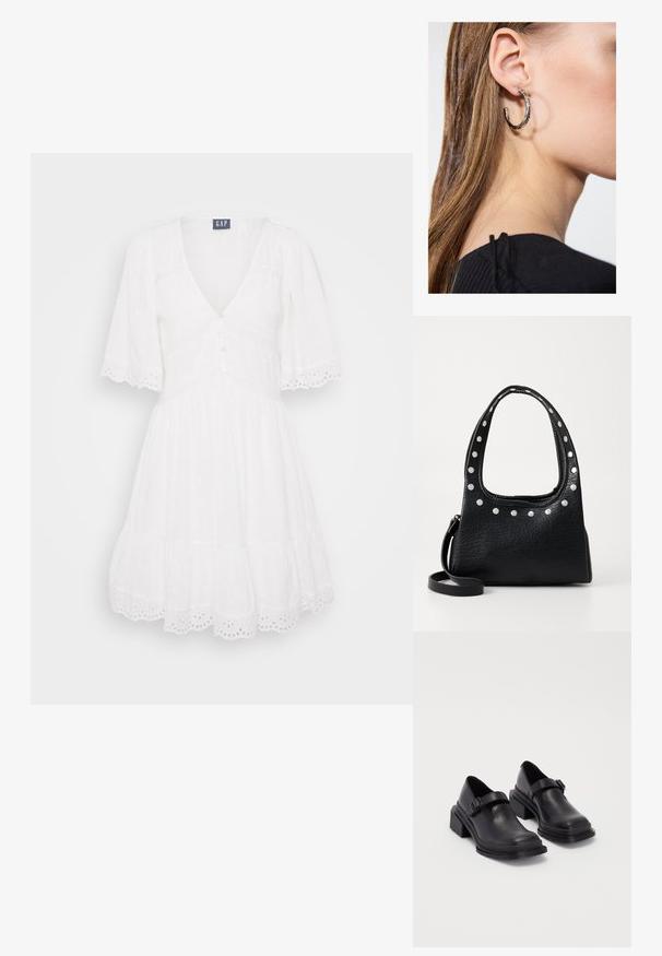 Valge kleit lühikeste varrukatega, V-kaelusega, nööpidega ees ja kihilise seelikuosaga. Omab silmadega pitsmustrit ja pehmet, tekstuuri omavat kangast.; Mustad mustad jalanõud ümmarguse varbaga, tasase tallaga ja kinnitusega rihmaga, millel on pandla detail. Suure plokknina, mis tagab lisastabiilsuse.; Must ja tekstuuriga nahast käekott, mille ülemise serva ja käepidemete äärtes on hõbedased nupud. Kotil on lühike käepide ja eemaldatav õlavööt.; Hõbedane rõngas kõrvarõngas poleeritud viimistlusega, millel on väikesed kuldsed aktsendid ja ümmargune kuju, kantud lobus.