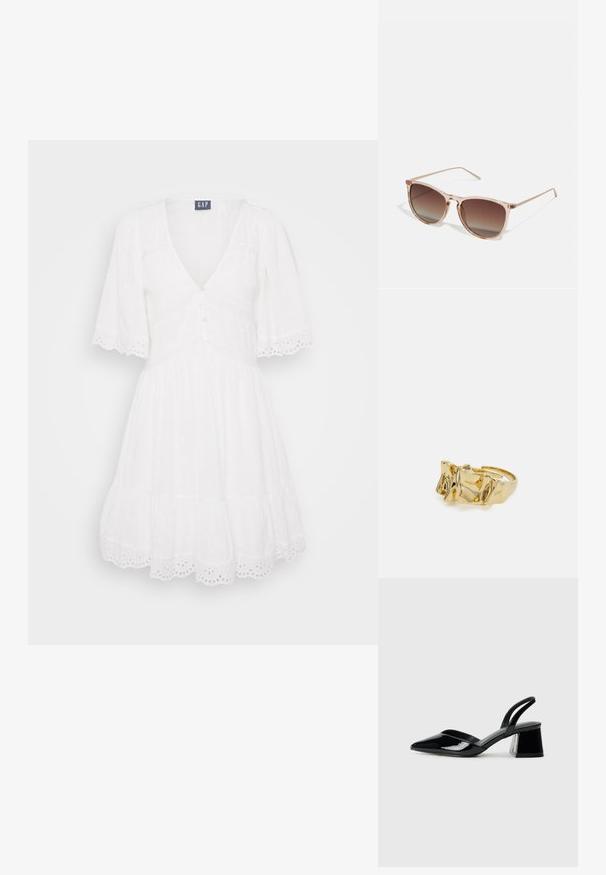 Weißes Kleid mit kurzen Ärmeln, V-Ausschnitt, Knopfleiste und gestuftem Rock. Verziert mit einem Häkelrand und aus einem weichen, strukturierten Stoff.; Schwarze Lackleder-Slingback-High Heels mit spitzem Schuh und einem geometrischen Blockabsatz. Verfügt über ein schlankes, minimalistisches Design und eine glatte Textur.; Braune Farbverlauf-Sonnenbrille mit einem durchscheinenden rosa Rahmen, quadratischer Form und dünnen Metallbügeln. Verfügt über abgerundete Kanten und minimale Details.; Goldring mit strukturiertem, wellenförmigem Design, das drei markante Spitzen aufweist. Glatte, glänzende Oberfläche mit einem offenen Band für einen verstellbaren Sitz.