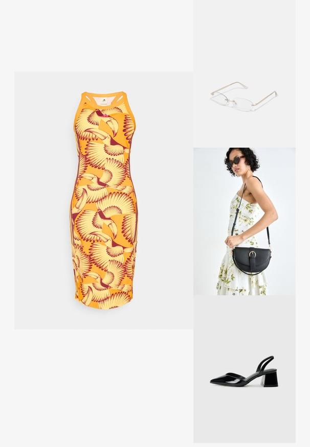 Vestido ajustado naranja con un patrón repetido de tucanes amarillos y burdeos y aves en vuelo, fabricado con un material liso y elástico.; Zapatos de tacón slingback de charol negro con punta afilada y tacón geométrico en bloque. Presentan un diseño elegante y minimalista, así como una textura suave.; Gafas de metal dorado con lentes ovalados, brazos delgados y almohadillas nasales transparentes. Presentan sutiles acentos en las bisagras y lentes transparentes.; Bolso de piel negra con forma curva, correa desmontable y herrajes dorados. El bolso cuenta con una solapa con un detalle de hebilla.