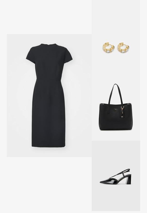 Černé šaty s krátkými rukávy, vysokým výstřihem, č fitovaným živůtkem a rovnou sukní. Mají jemný zip na zadní straně.; Černé lakované slingback boty na vysokém podpatku s špičatou špičkou, nastavitelným páskem a masivním obdélníkovým podpatkem.; Černá taška přes rameno vyrobená z texturovaného syntetického materiálu, s dvojitými uchy, zlatým logem a malou visačkou s akcentem.; Zlaté kruhové náušnice s texturovaným designem a třemi jasnými krystalovými akcenty na jedné straně, které nabízejí moderní geometrickou estetiku.