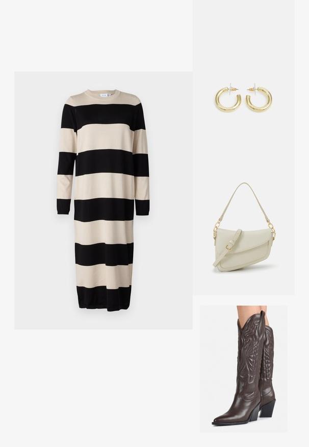 Sukienka z długim rękawem, charakteryzująca się naprzemiennymi czarno-beżowymi poziomymi paskami, uszyta z miękkiego materiału, z okrągłym dekoltem i ściągaczami przy rękawach.; Brązowe skórzane kowbojki z noskiem w kształcie migdała i blokowym obcasem, z detalicznym przeszyciem i podniesionymi akcentami na cholewce.; Mała torebka w kolorze kremowym z teksturowanym wykończeniem, długim regulowanym paskiem, akcentem z łańcucha oraz zapięciem na klapkę. Wykończenia w kolorze złotym.; Złote kolczyki w kształcie kółek o gładkim, błyszczącym wykończeniu. Okrągły design z małym klipsem i przezroczystym zapięciem zapewniającym bezpieczne noszenie.