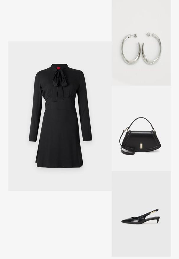 Musta mekko, jossa on pitkät hihat, korkea kaulus ja solmio-yksityiskohta kaula-aukossa. Silkkinen kangas, jossa on hyvin istuva yläosa ja levenevä hame.; Mustat nahkaiset slingback-korkokengät, joissa on terävä kärki, ohuet korot ja kultasävytteinen yksityiskohta säädettävässä hihnassa. Silkkinen pinta.; Mustalla nahkalaukulla, jossa on jämäkkä muotoilu, lyhyt malli, yläkahva ja kultaiset yksityiskohdat. Säädettävä olkahihna sisältyy.; Hope hopeista, joissa on sileä, kaareva muotoilu. Varustettu kiiltävällä metallipinnoitteella ja nappikiinnityksellä. Ei näkyviä kuvioita tai koristeluja.