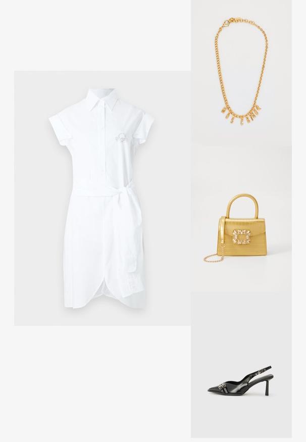 Vit skjortklänning i bomull med krage, korta ärmar och knytning i midjan. Har knapplist och broderad detalj på bröstet.; Svart lackläder slingbacksko med spetsig tå, ankelremmar med silverfärgade spännen och detaljer samt en smal klack.; Gul faux-krokodilhandväska med en strukturerad design, topphandtag, avtagbar kedjesladd och dekorativa kristalldekorationer på klämman.; Guldkedja med hängande bokstäver som stavar "MOSCATO." Slät yta med en lobsterspänne och länkard i varierande storlekar.