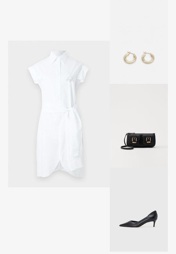 Valkoinen puuvillasta valmistettu mekko, jossa on kaulus, lyhyet hihat ja sidottu vyötärö. Varustettu nappisuljennalla ja brodeeratuilla yksityiskohdilla rinnassa.; Musta nahkainen avokärkinen korkokenkä, jossa on matala korko. Kenkä on sileäpintainen ja siinä on himmeä kiilto. Edessä on avoin leikkaus, joka lisää yksityiskohtaisuutta.; Musta nahkainen olkalaukku, jossa on kaksi etutaskua, kultaiset soljet, vetoketjukiinnitys ja kapea hihna. Teksturoidun pinnan ja kompaktin suorakaiteen muoto.; Lauren Ralph Lauren BASIC SMALL HOOP - Korvakorut - gold-coloured