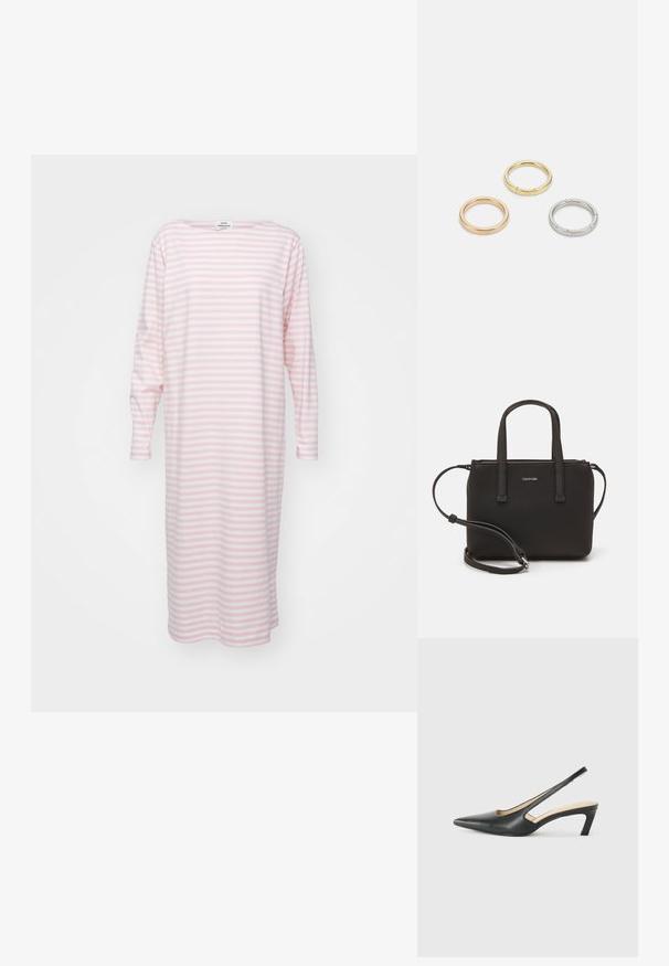 Lahka bombažna nočna obleka z dolgimi rokavi, ki ima vodoravne roza in bele proge, čolnasti ovratnik in dolžino do kolen.; Črne čevlje s koničastimi nosovi in slingback obliko z nizko peto, izdelane iz gladke usnjene materiale ter s črtasto zasnovo na strani za prezračevanje.; Črna torbica z dvema kratkima ročajema in odstranljivim naramnim trakom. Gladek usnju podoben material z zadrgo in podrobnostmi z logotipom.; Trije kovinski prstani: eden rožnato zlati, eden zlat z teksturiranimi detajli in eden srebrn, vsi z vgraviranim logotipom na notranji strani.