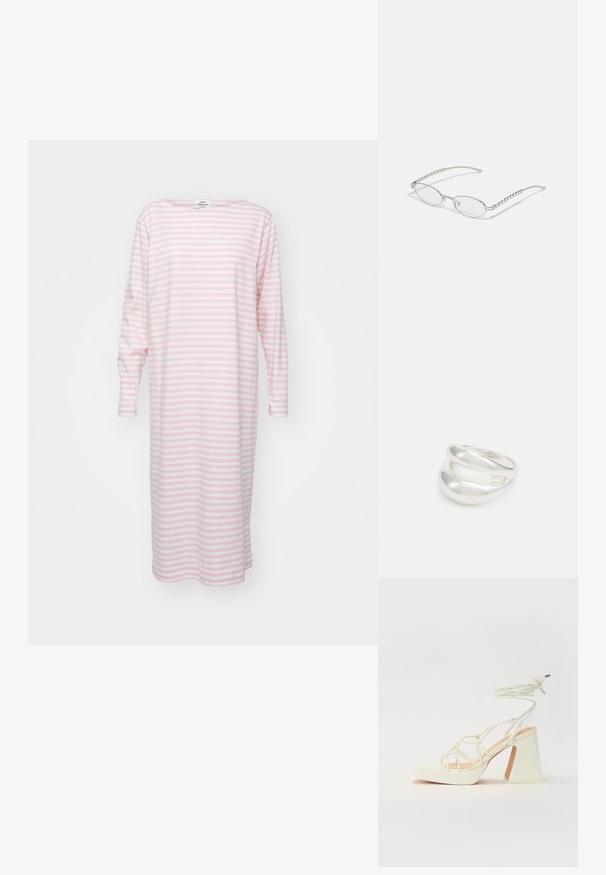 Kerge puuvillane ööpaita pikkade varrukatega, millel on horisontaalsed roosa ja valge triibud, paadi kaelus ja põlvepikkune lõige.; Valged kõrge kontsaga sandaalid, millel on paks konts ja rihmadega disain koos pahkluu sidumisega. Sile tekstuur ja platvorm ees, et lisada kõrgust.; Ovaalsed prillid metallisel hõbedasel raamile, selged läätsed ja tekstuuriga helmedega tempelaktsentidega. Kerge konstruktsioon kaarjate kätega.; Hõbedane kahekordne rõngas sujuva, poleeritud pinnaga. Omab voolavat, kõverat disaini, millel on kattuvad sektsioonid, et saavutada kaasaegne ilme.; Hõbedane kahekordne rõngas sujuva, poleeritud pinnaga. Omab voolavat, kõverat disaini, millel on kattuvad sektsioonid, et saavutada kaasaegne ilme.