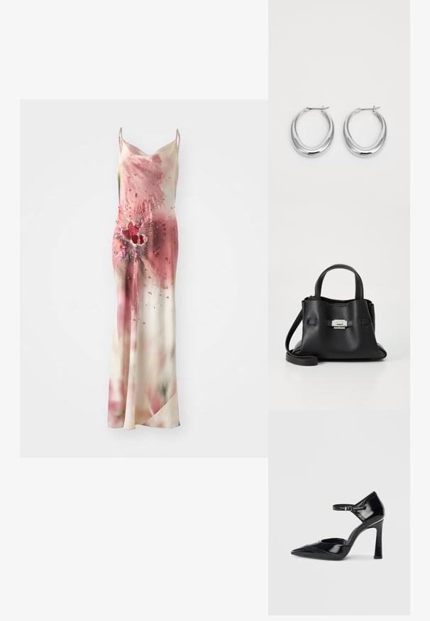 Vestido de seda sem mangas com um design floral em tons de rosa, adornado com lantejoulas e contas, de comprimento até ao chão e com uma silhueta fluida.; Sapato de salto alto em couro patente preto com ponta afiada, tira no tornozelo e detalhes decorativos perfurados ao longo da borda.; Bolsa de mão de couro preto com um acabamento texturizado, apresentando duas alças superiores, uma alça de ombro destacável e um detalhe de fecho prateado.; Um par de brincos em forma de lua crescente, prateados e polidos, com fechos articulados sobre um fundo branco.